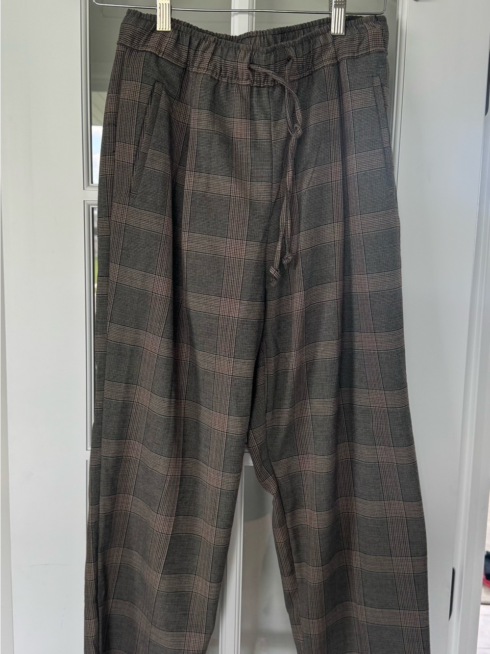 Old Navy Men’s Plaid Drawstring Chinos in Brown and Gray